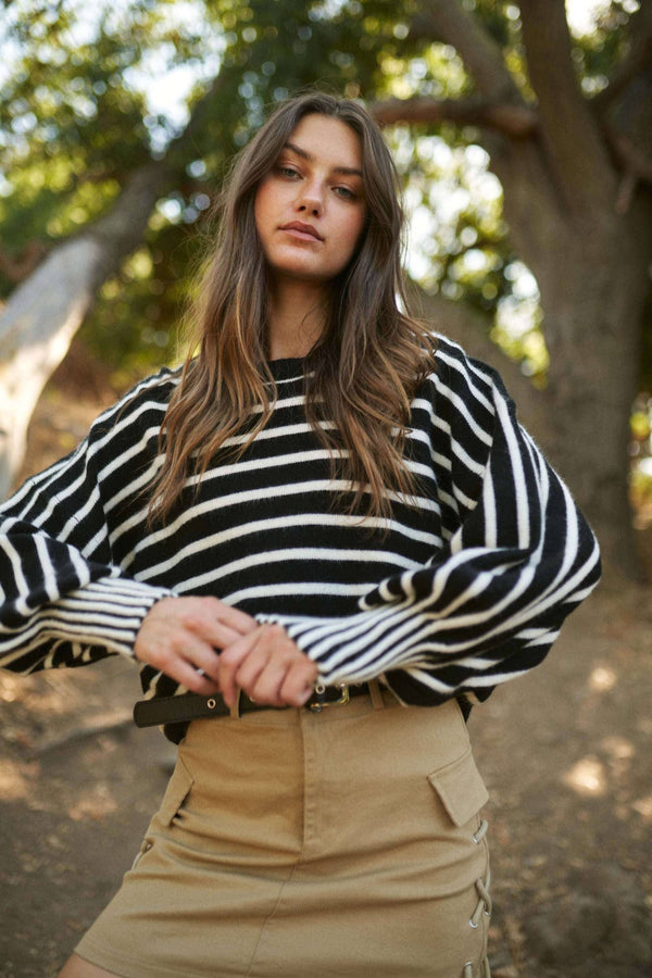 Striped Puff Sleeve Sweater - Hyperbole